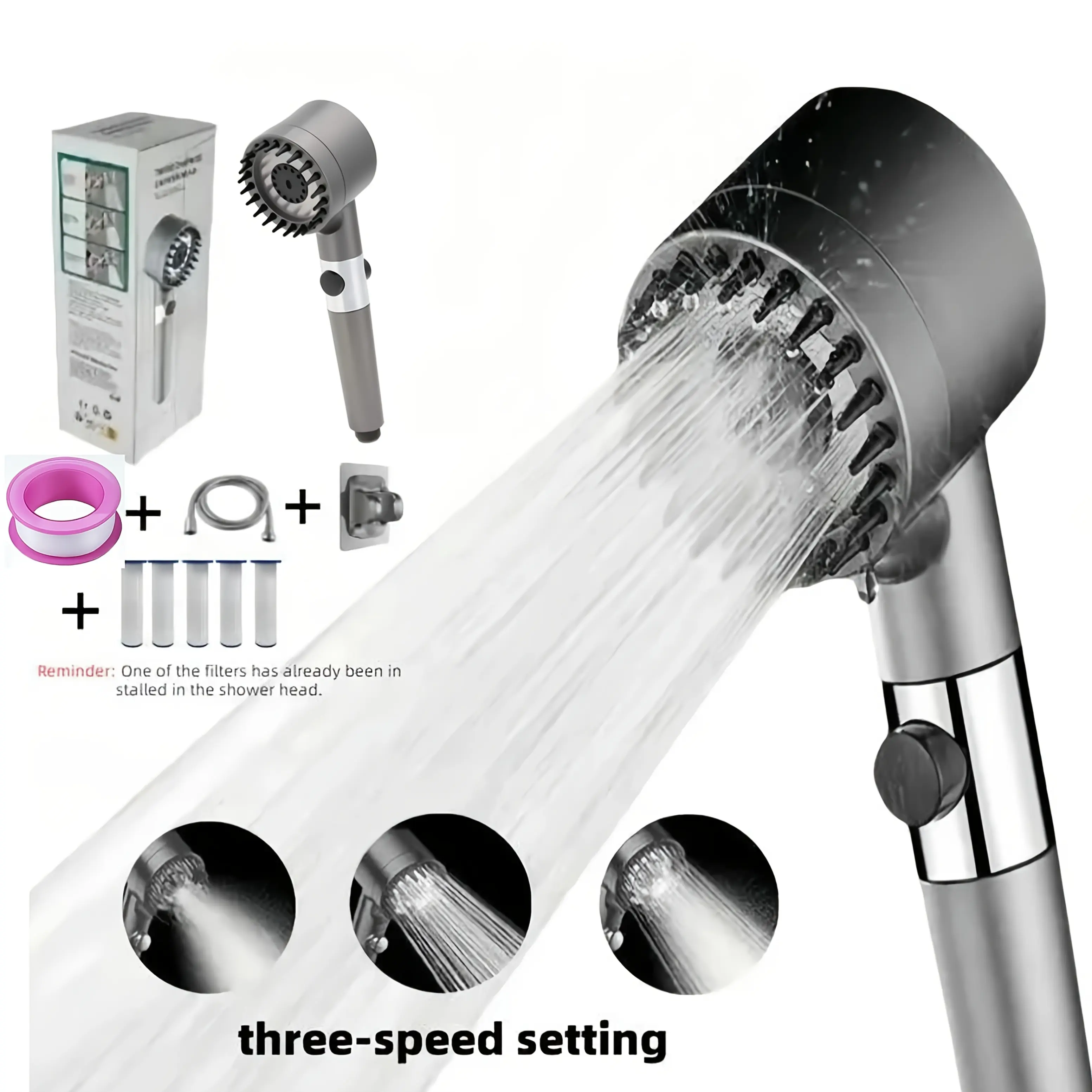 Multifunctional Massage Handheld High-Pressure Shower Head, 3-Setting 4-in-1 Removable Design, 47-Inch Upgraded Reinforced Thick Hose, Mounting Bracket and 5 Filter Cartridges