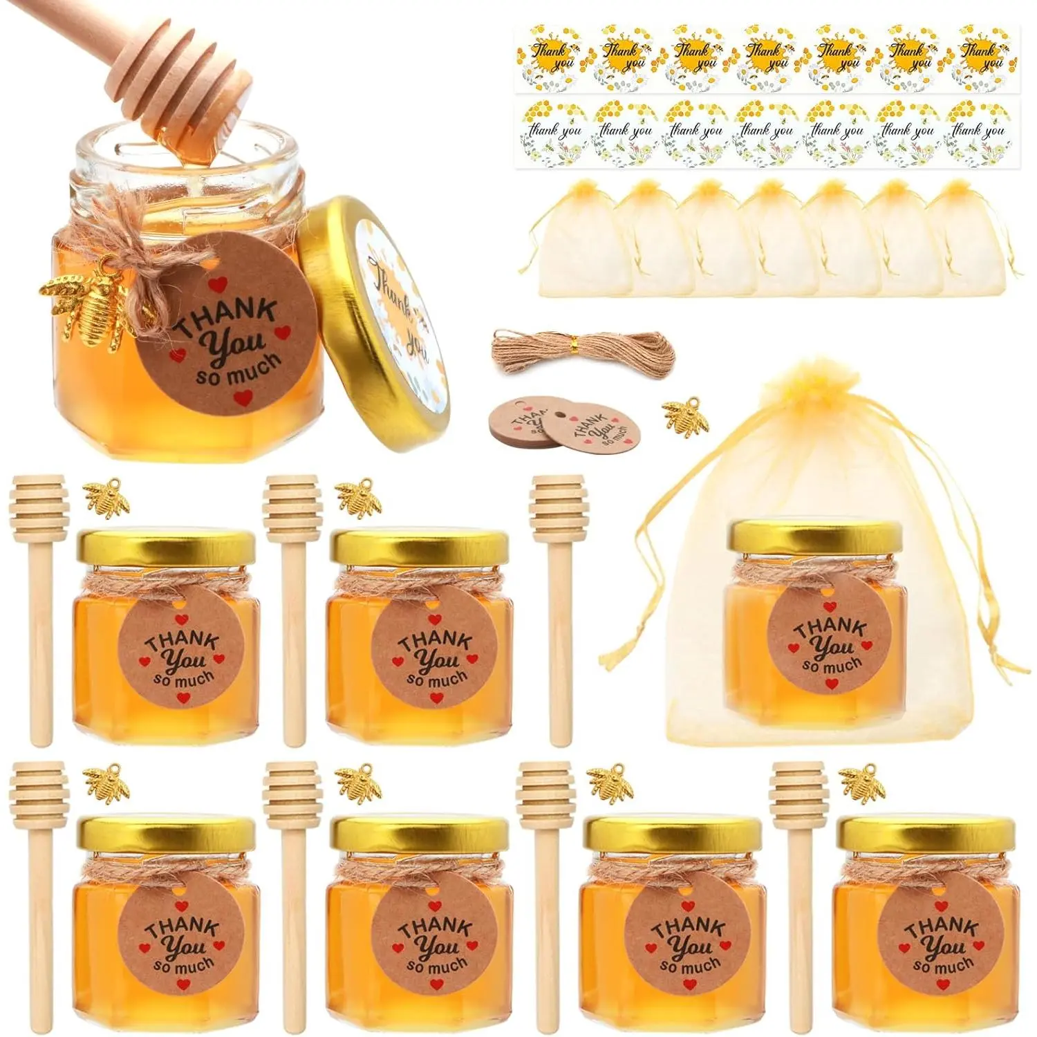 1.5 oz Mini Honey Jars,60 pack  shower favors,There's honey sticks, bee pendants, stickers and  goodie bags,Suitable for wedding party gifts