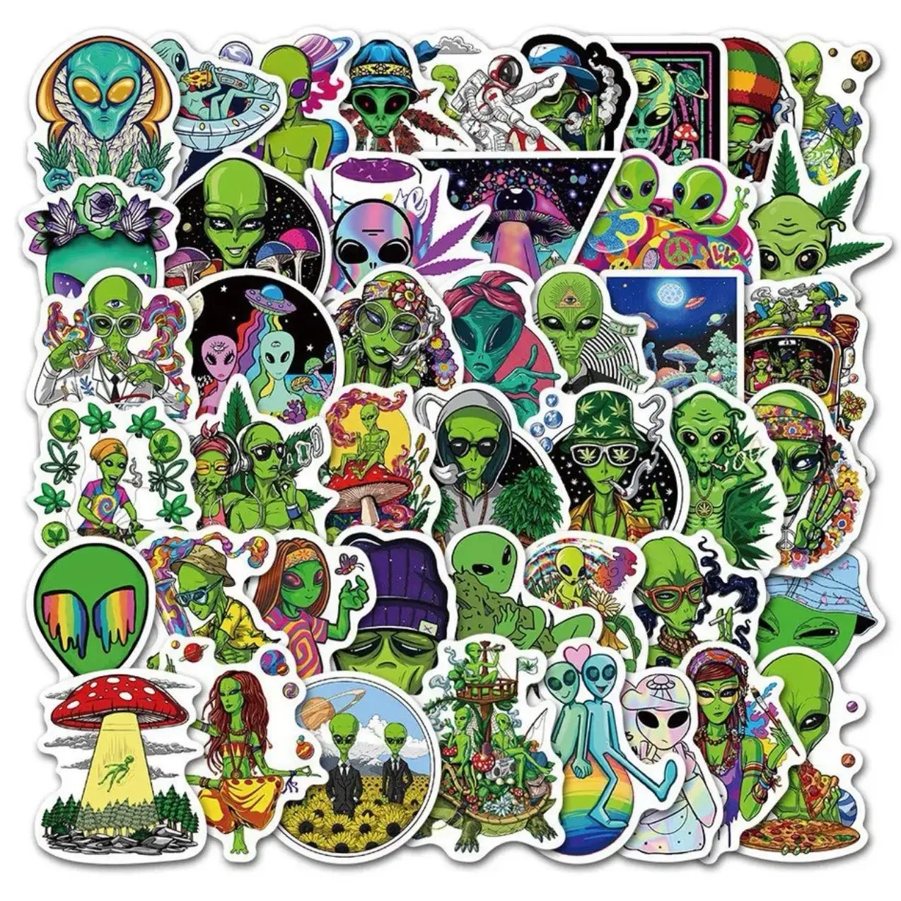 50 Pack of Alien and Outer Space Weed, Pot, Marijuana, Cannabis Waterproof Stickers. No Duplicates.