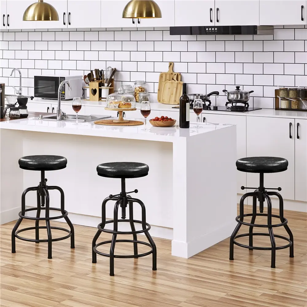 Yaheetech Industrial Bar Stool Vintage Counter Height Stool with Round Faux Leather Seat Adjustable Kitchen Stool 21.5-28 Inch Tall, 1PC