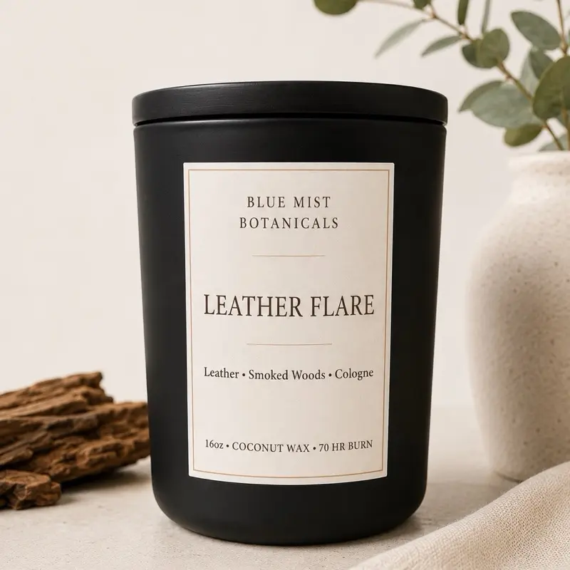 Blue Mist Botanicals Leather Flare 16oz Coconut Wax Candle - Leather Smoked Woods Cologne Fragrance, 70hr Burn, Home Decor for Room Aroma & Scent
