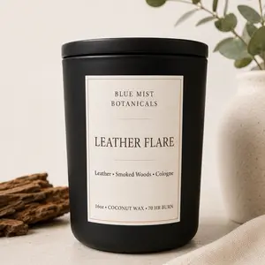 Blue Mist Botanicals Leather Flare 16oz Coconut Wax Candle - Leather Smoked Woods Cologne Fragrance, 70hr Burn, Home Decor for Room Aroma & Scent