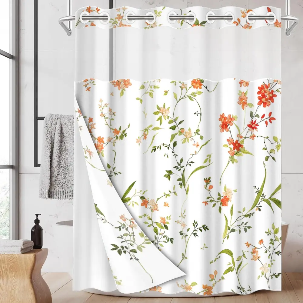 1pc hookless, see-through double-layer Bathroom Aesthetic Shower Curtain with buckle lining, orange-red floral design, 2D flat printing, fabric waterproof lining, 71 x 74 inches, modern home draping curtain, Shower Essentials