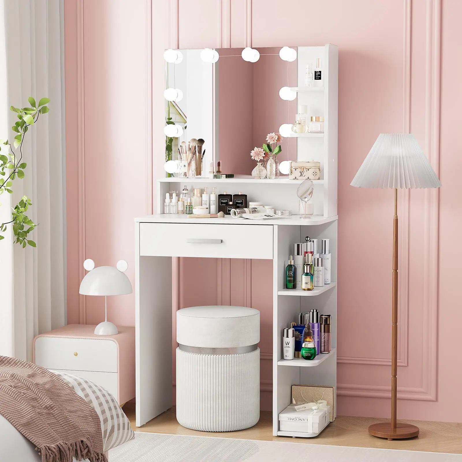 26.4'' Vanity Set with Stool, LED Makeup Mirror with 3 Color Lighting Modes, 6-Tier Shelves with Storage Drawer, Built-in Power Outlet & Hair Dryer Holder, Space Saver, Perfect for Bedrooms, Apartments, Ideal Gift Choice for girl