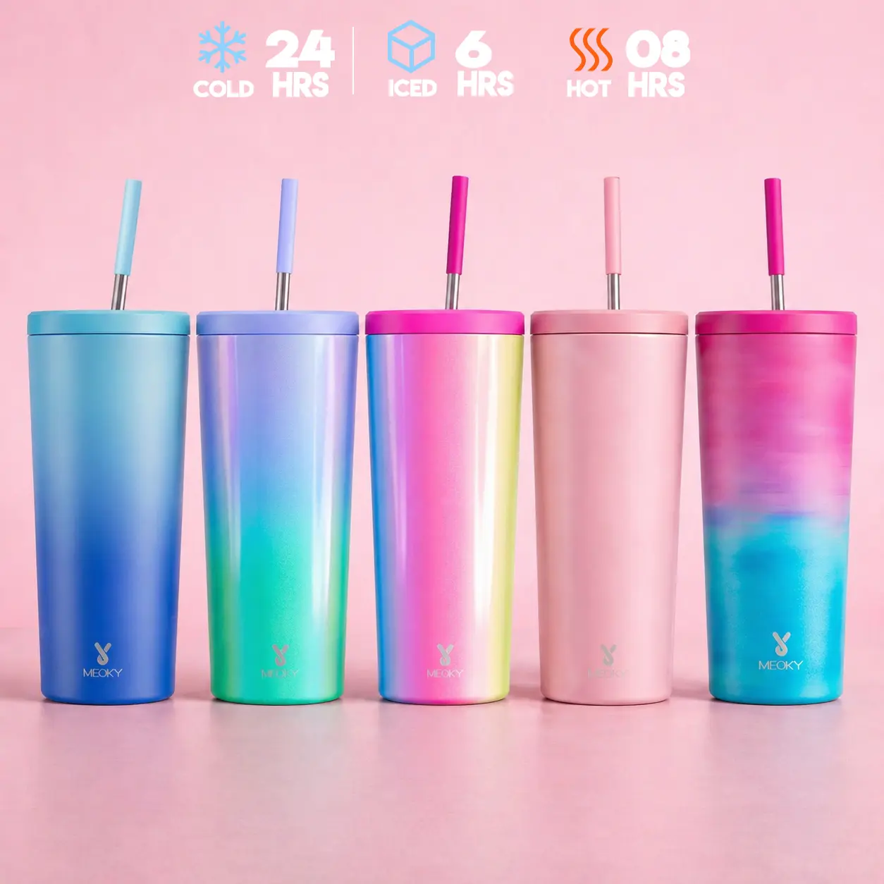 MEOKY 24oz (1000ml) Stainless Steel Leakproof Insulated Tumbler Flask with Straw, Non-Slip Base, Car Cup Holder Friendly, Printed Modern Gift Idea #TikTokShopSummerSale, Flasks, Vacuum Insulated Drinkware