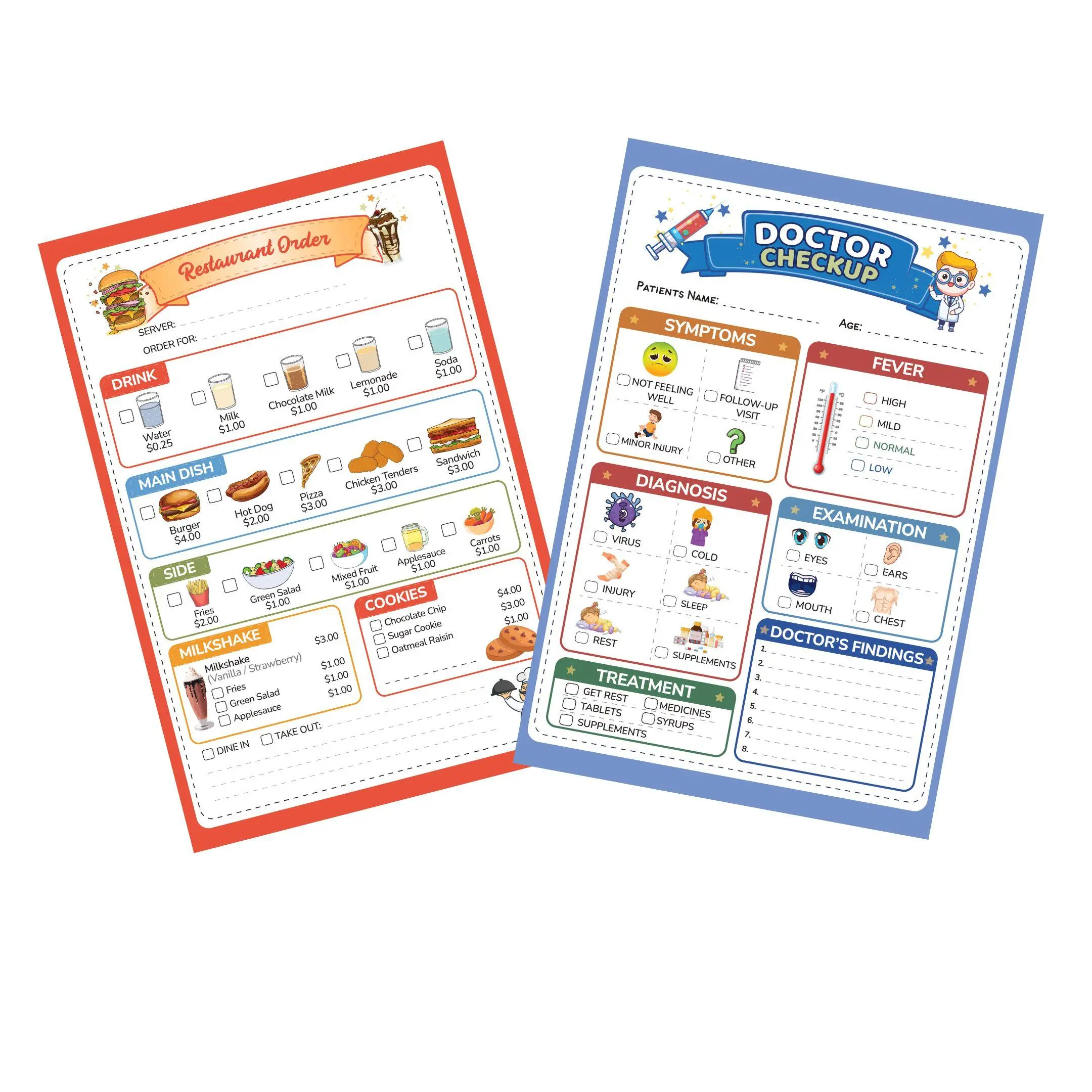 2 Pack Kids Play Pads - 40 Pages Each of Restaurant and Doctor Pad for Imaginative Role Play playtime note pads