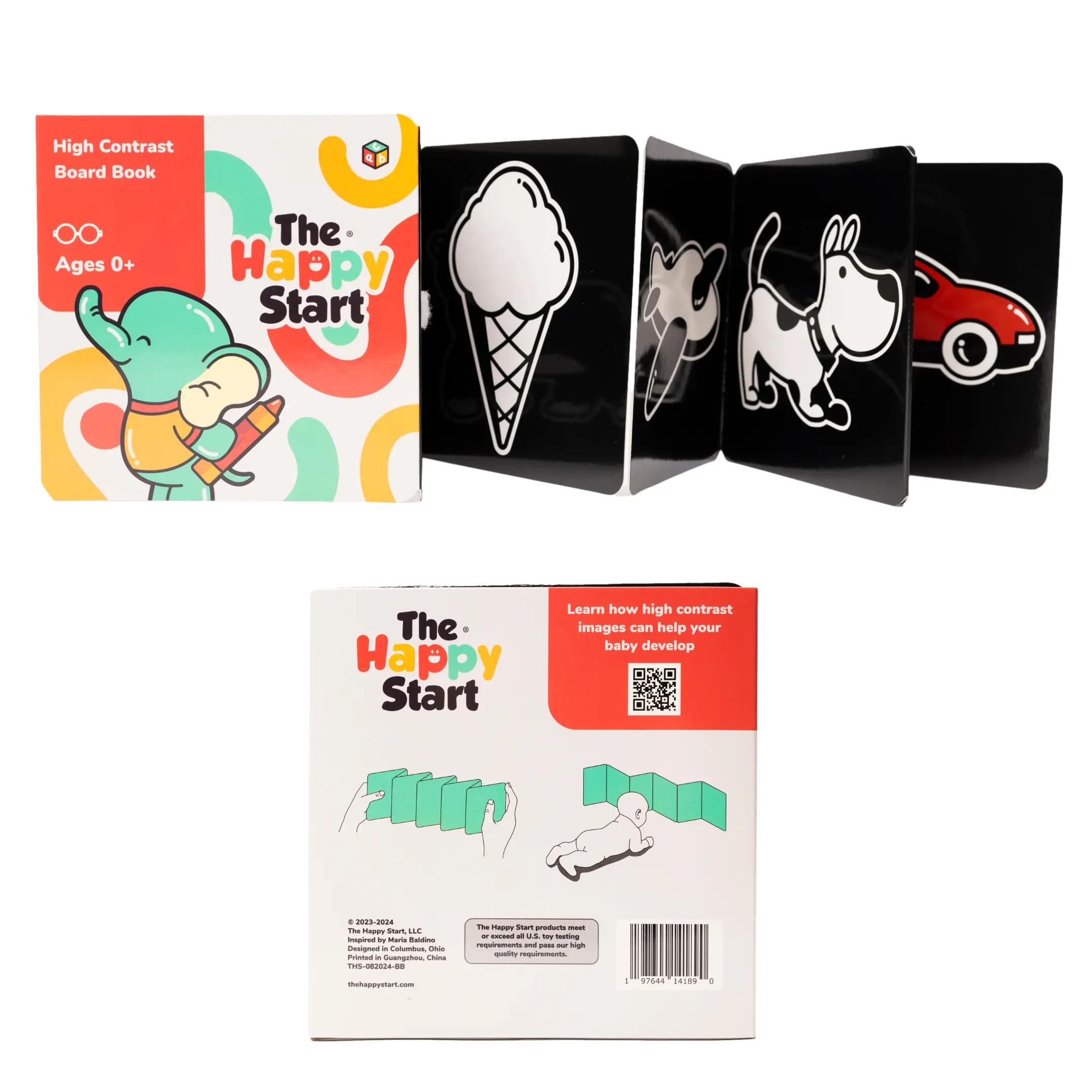 The Happy Start High Contrast Board Book for Newborns, Development Ages 0-6 Months - Engaging Features for Tummy Time & Developmental Play