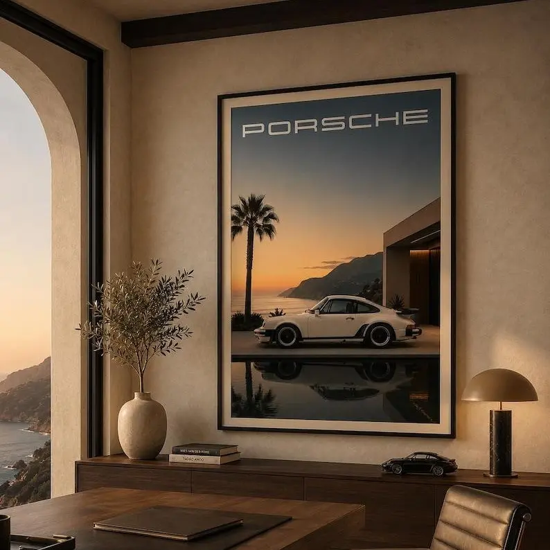 Porsche 911 Sunset Coastal Poster | Rolled Poster - No Frame