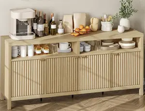 65.8 Inch Fluted Sideboard Buffet Cabinet with 4 Doors, Morden Kitchen Storage Cabinet with Fluted Door, Wood Sideboard Storage Cabinet for Dining Room, Living Room, Entryway，Retro White