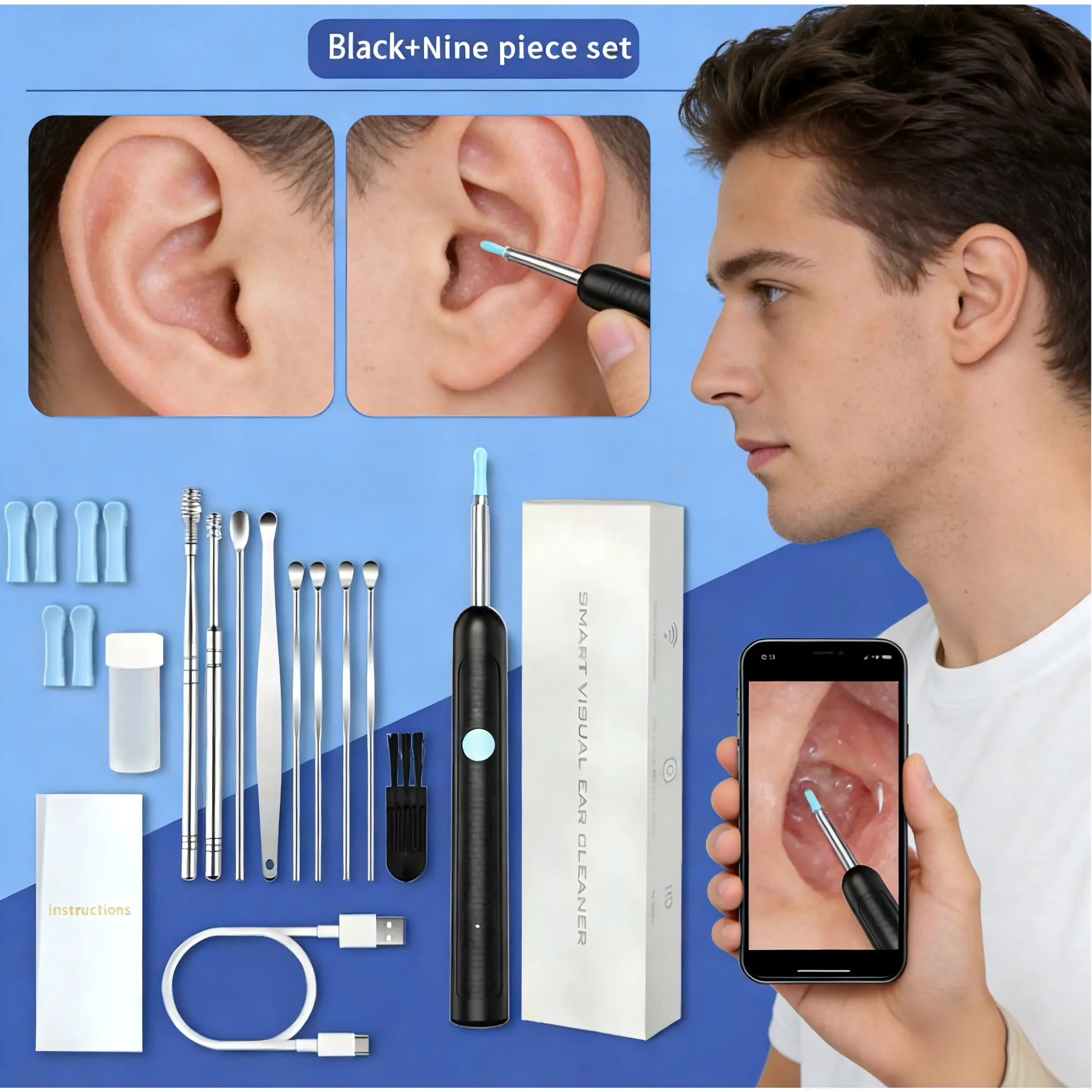1080P HD EarWax Removal Tool with Camera 6 Ear Spoons Set Rechargeable USB Battery Dual Power Safe Ear Care Gentle Round Handle Version Wireless WiFi Wax Kit removal tool camera wide-angle cleaner silicone tip clean cam cleaning scoop wax removal tool