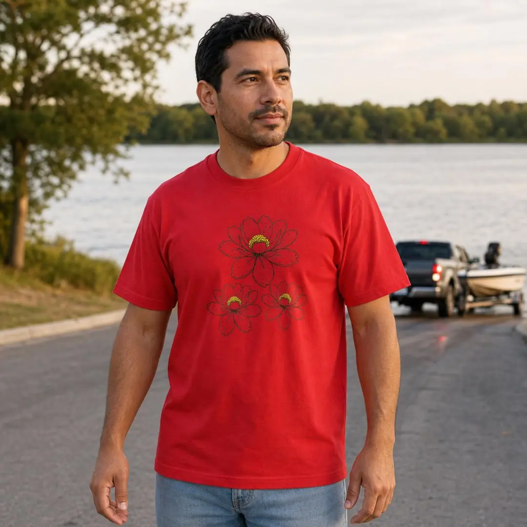 XTAUTO Menswear Cotton Short-Sleeve T-Shirt - Unisex Casual Tops with Floral Lotus Print, Summer Outdoor Lake Scene Design, Ideal Gift Option