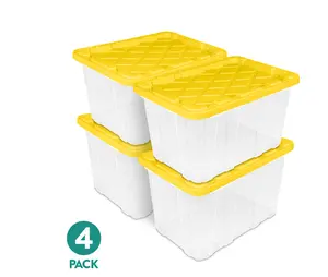 Large Industrial Storage Tote, 27 Gallon Durable Clear Plastic Storage Bin with Snap-Fit Lid, Yellow, 4 Pack