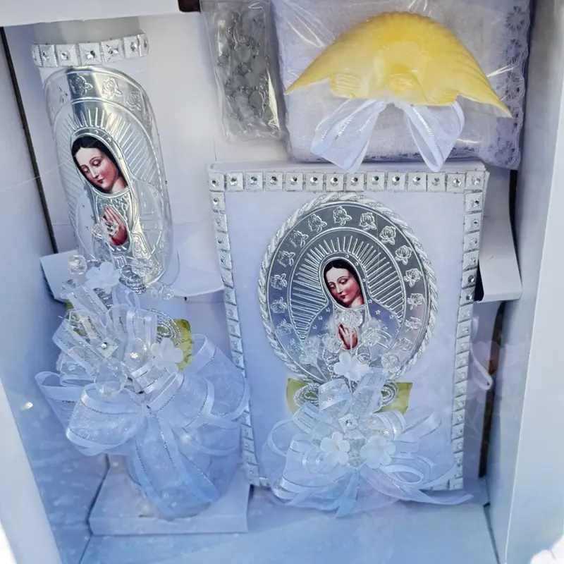 Traditional 5-Piece Baptism Boxed Set - 8in Candle, Rosary, New Testament, Decorative Elements, Decoration for Boys & Girls (English & Spanish, White)