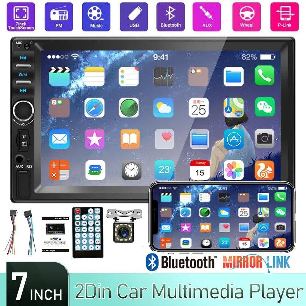 Toolupgrade 7-in Double Din Car Video Player (7018b Model), Double Din Fit Touchscreen with Reverse View Auto, BT Handsfree Call, FM, TF, AUX, USB, Android Compatibility, Remote Control, Steering Wheel Control, Car Entertainment Support