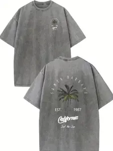 Women's Santa Barbara Vintage Washed Palm Tree T-Shirt, Streetwear Short-Sleeve Top, Breathable Fabric Casual Tee,summervibes Grey Outfits