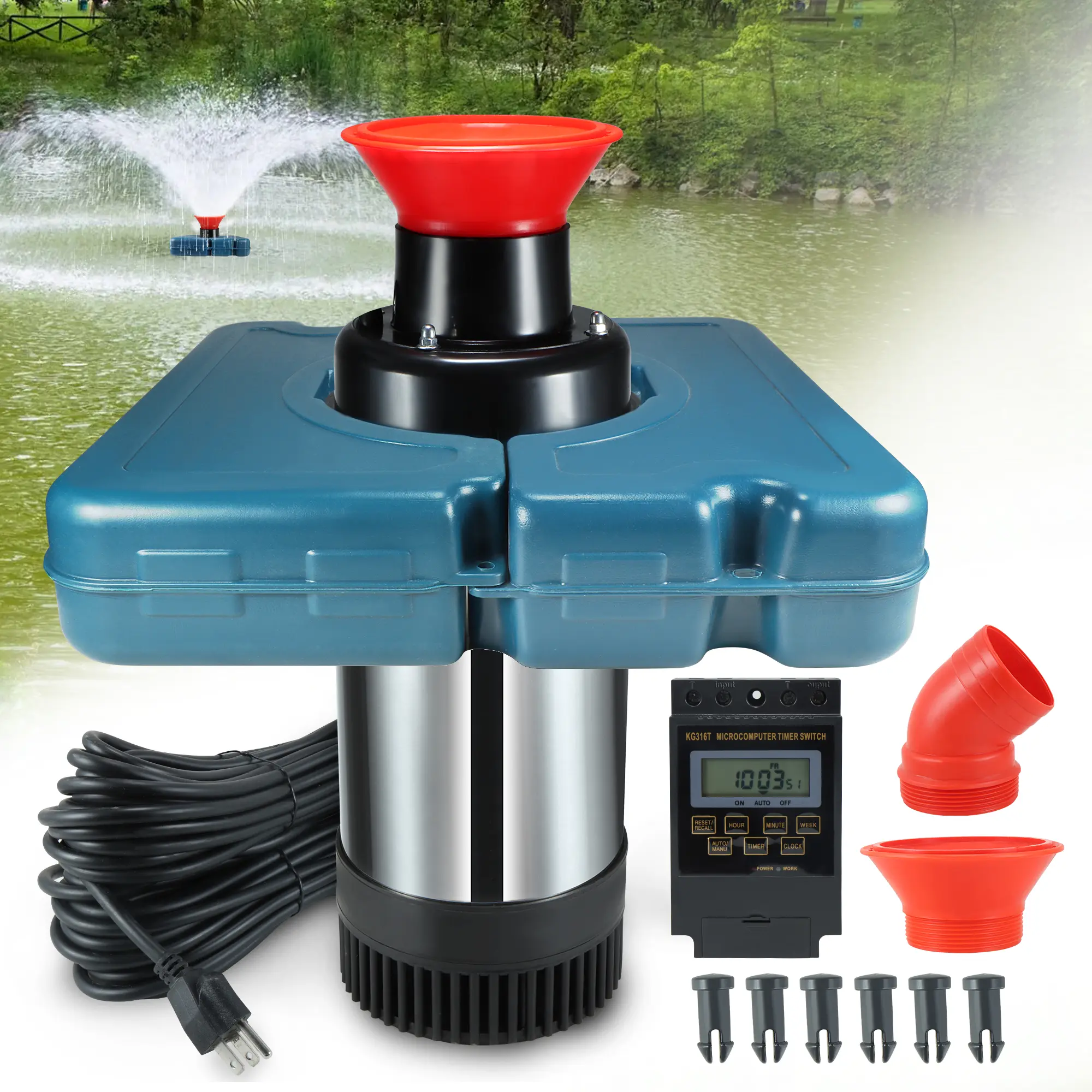 Goldlife Pond Fountain Aerator F2, Without Light, 110V 1HP 750W 15000GPH, 100FT Power Cord, Powerful Aerating Fountain Pump for Outdoor Small Large Pond Lake Garden Jet Fountain System