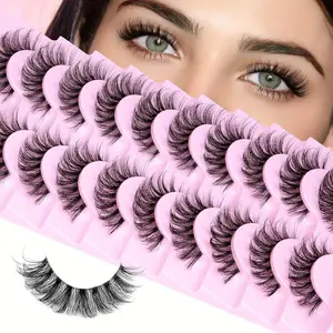10 Pairs Natural Eyelashes Fluffy Lashes D Curl Eyelashes 3D Volume Wispy Feline Lash Look False Lashes Strips Clear Band Lashes Pack Cosmetic Makeup False Eyelashes Set
