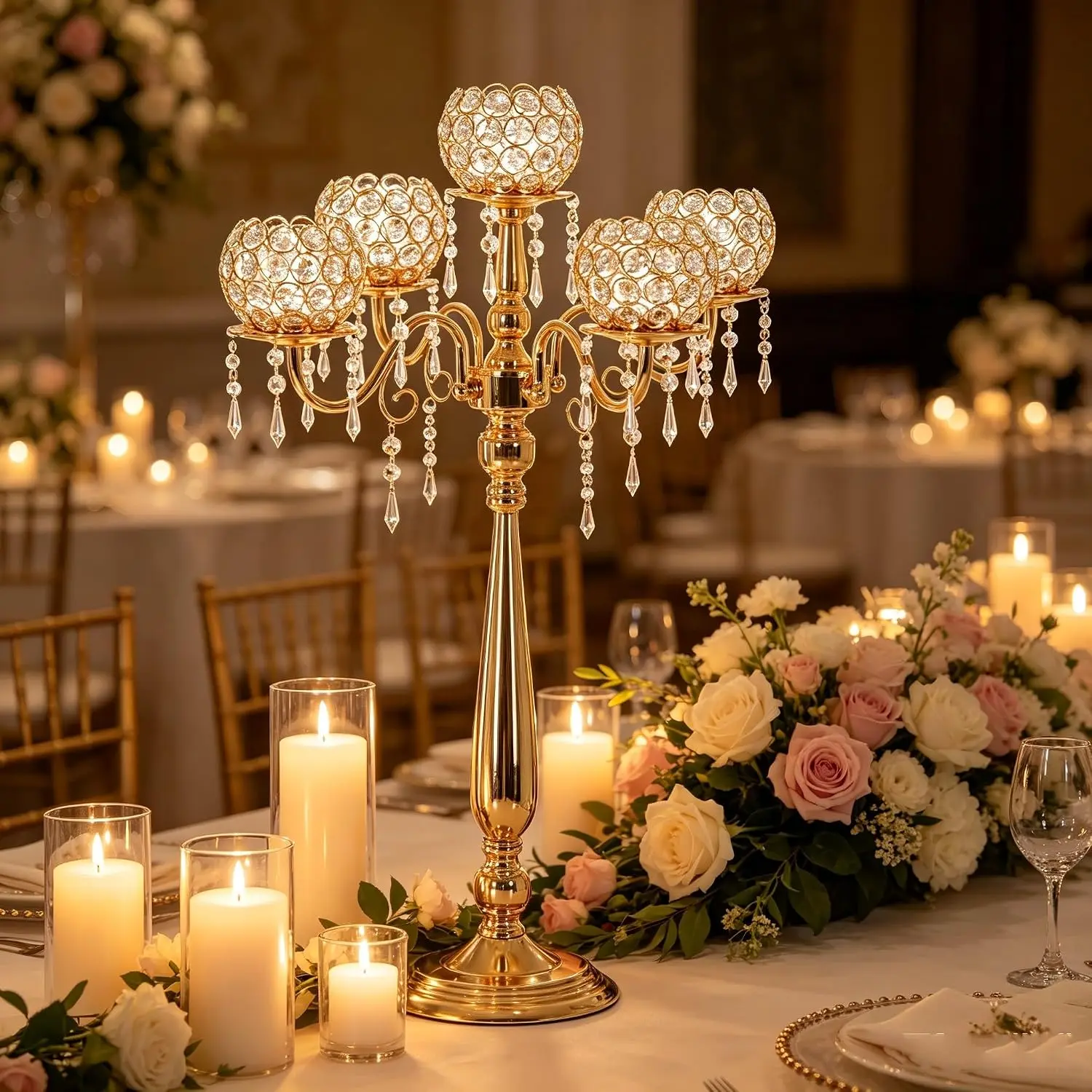 VINCIDERN 5 Arm Crystal Candelabra for Wedding Centerpiece Gold Floor Candle Holder Set with Chandelier Crystal Beaded Anniversary Dinner Party Table Decor
