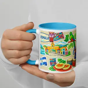 Colorful Mugs - Reusable Guatemala Coffee Ceramic Mug Set, Washable Drinkware, Illustrated Cafecito Cups for Guatemalan Culture Gifting, Reuse