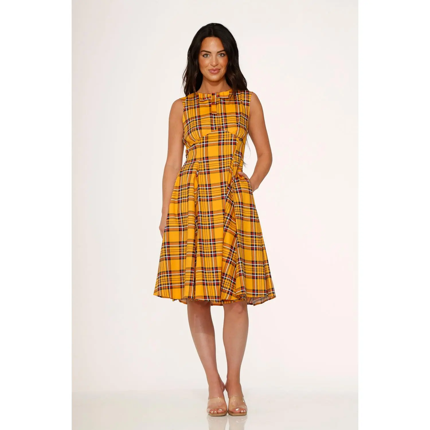 21890 Yellow Mustard Plaid Swing Dress