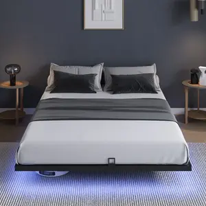 SummerVibes Floating Bed Frame with LED Lights Modern Platform Full Queen King Size Slide Stopper Easy Assembly No Box Spring Needed Noise Free