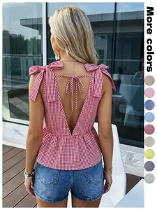 Summer Casual Deep V Plaid Tank Top Blouse, Straps Bow Backless Ruffle Waist, Slimming Versatile Sleeveless Shirt for Daily Outing
