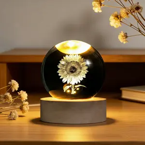 3D Laser Etched Sunflower Crystal Ball, Sunflower Decor Glass Sphere Lamp Night Light, Crystal Flower Figurines Collectibles Gifts for Mom Women Girls