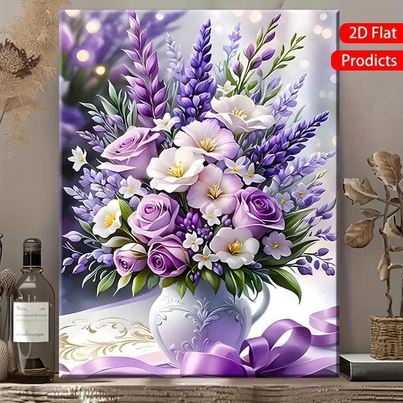 A unique style pure wood frame canvas painting with purple flowers, Valentine's Day gift, women's holiday decoration, perfect for home decor, festive occasions, and gifts for him.Suitable for living room and bedroom, can be hung directly, Wooden Wall Art