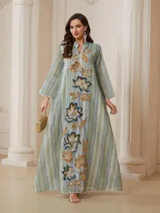 Light Vertical Stripe Mesh Sequin Floral Embroidery Long Robe, Dubai Style Stand Collar Loose Abaya, Eid Luxe Dress