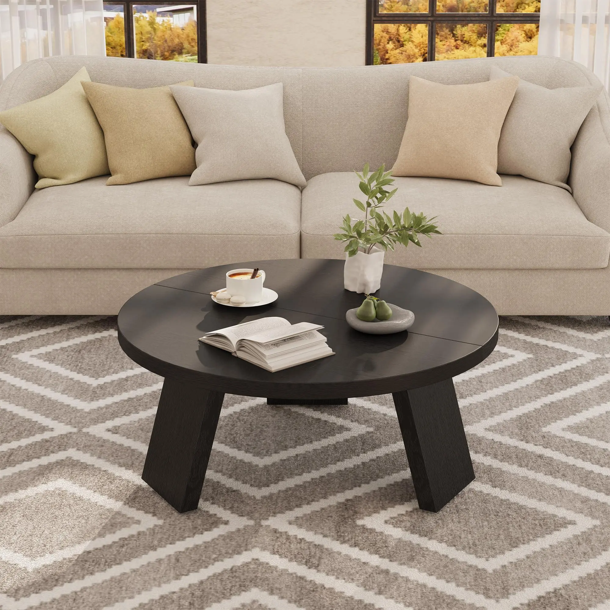 Round Coffee Table, Modern Center Table with Inclined Legs, Accent Cocktail Tables for Living Room, Bedroom, Easy Assembly, Black