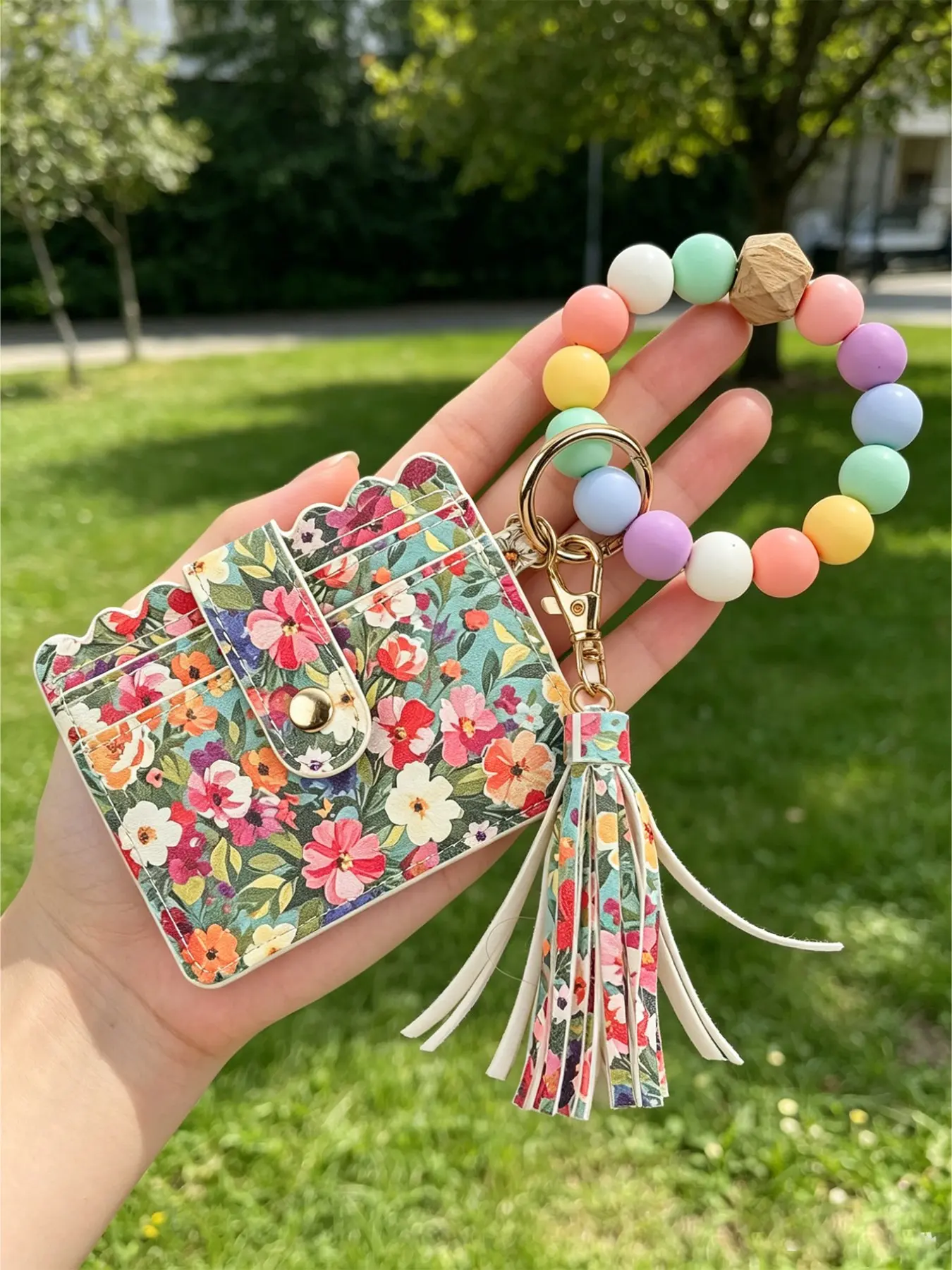 Floral Print PU Leather Fashionable Card Holder Keychain, Silicone Beaded Wristlet with Tassel, Card Slots Credit Card Wallet for Women, Boho Style
