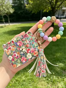 Floral Print PU Leather Card Holder Keychain, Silicone Beaded Wristlet with Tassel, Multi Slot Credit Card Wallet for Women, Boho Style
