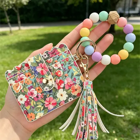 Floral Print PU Leather Fashionable Card Holder Keychain, Silicone Beaded Wristlet with Tassel, Card Slots Credit Card Wallet for Women, Boho Style