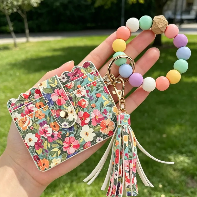 Floral Print PU Leather Fashionable Card Holder Keychain, Silicone Beaded Wristlet with Tassel, Card Slots Credit Card Wallet for Women, Boho Style