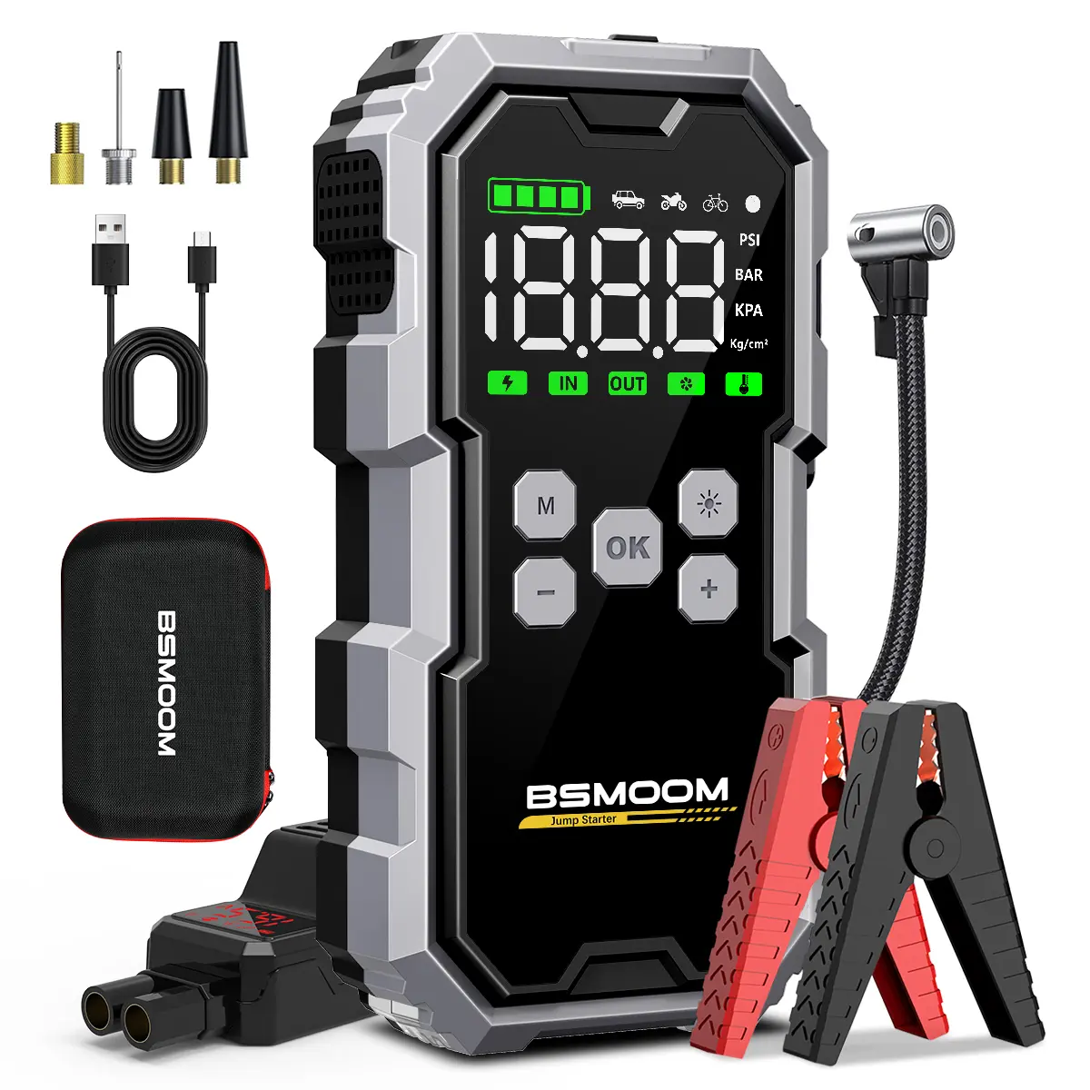 26800mAh BSMOOM [5-in-1] Portable Car Jump Starter with Air Compressor(All Gas/10.0L Diesel),With Tireinflator, 12V AutoBoost BatteryCharger Jumper Box, Rapid Charger with LEDScreen Vehicle Automotive