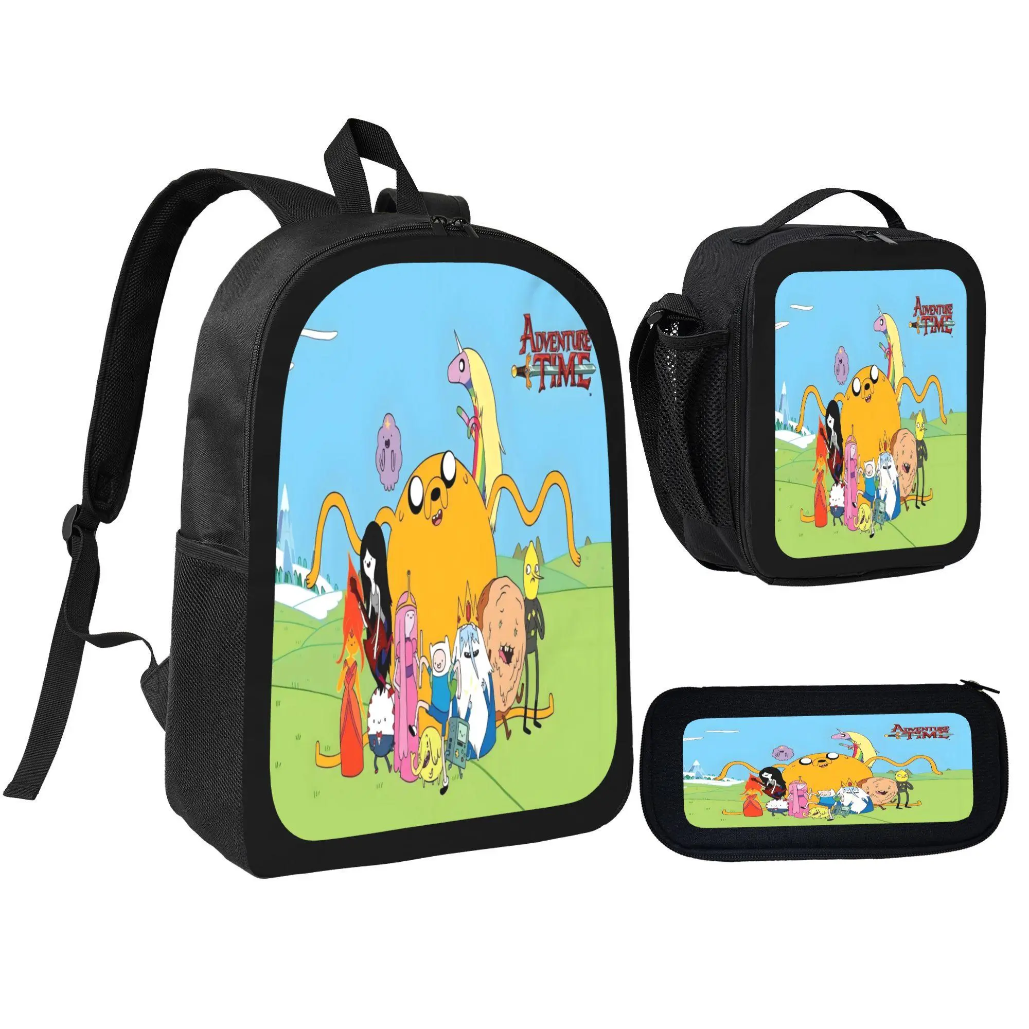Kids' 3-Pcs Polyester Backpack Set, Adventure Time Cartoon Print, Adjustable Back-to-School Bag with Multi-Pockets Lunch Bag & Pencil Pouch for Boys Girls