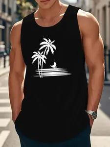 Men's Minimal Tank Top - Menswear Beach Night Wear, Palm Tree Design, Comfortable Fabric