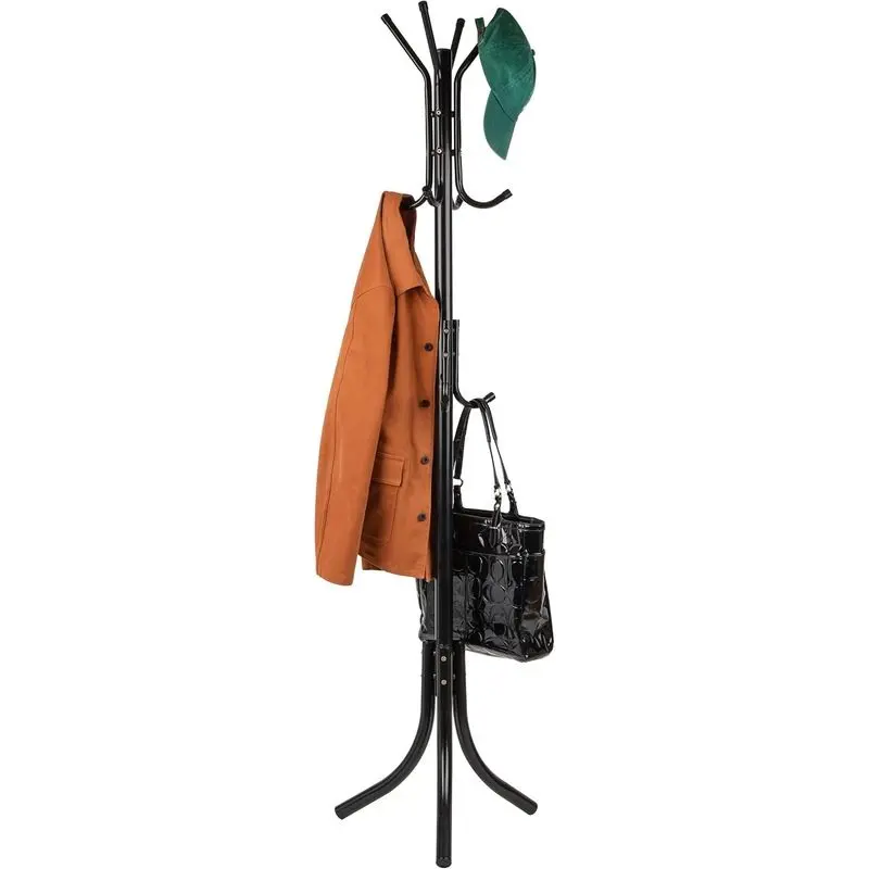 Freestanding Metal Clothes Garment Rack - Multi-Tier Home Organizer with 11 Hooks Total, Hook Arms, Sturdy Stand for Office, Entryway, Black/White