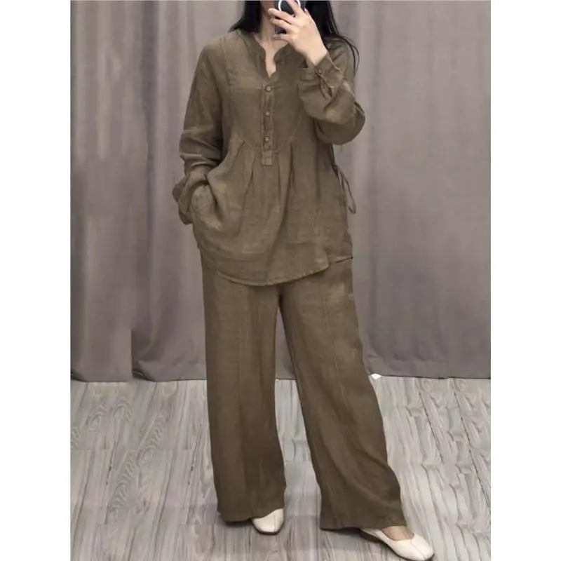 Women's 2 Piece Set Fashion Office Lady Cotton Linen Long-sleeve Casual Loose Wide-leg Pants Suit 2024 Spring Autumn Women Sets??gift??