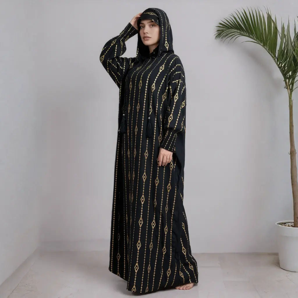 Golden Line Islamic Abaya Kaftan jumpsuit Dress for Women  Soft Double Hat Cape Style Dubai Turkish Design Modest Outfit for Ramadan & Eid Loose Fit Muslim Clothing &Revert Friendly Prayer-Ready Abaya Set for Women & Breathable Non-Sheer Daily Wear