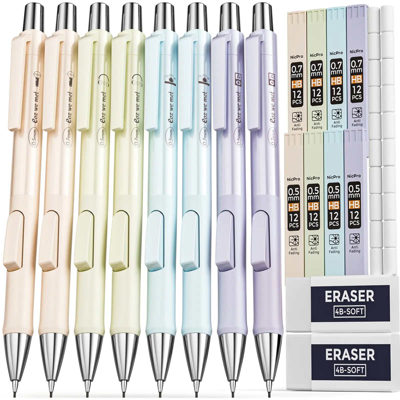 Nicpro 20-Pack Pastel Mechanical Pencils Set - 8-Pack Fast-Click Aesthetic 0.5 & 0.7 mm HB Lead Mechanical Pencils with Refills, Erasers, Case for Artist Drafting, Student Writing, Lead Mechanical Pencil