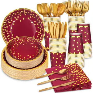 140 Pcs Burgundy & Gold Party Tableware - Plates, Napkins, Cups & Cutlery for Wedding, Christmas, Graduation