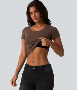 Halara Cotton Jersey Scoop Neck Short Sleeve Built-in Bra Casual T-Shirt