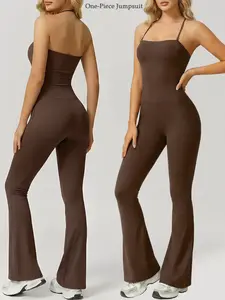 Women's One-Piece Sleeveless Jumpsuit, Workout Jumpsuits, Adjustable Spaghetti Straps High-Stretch Bodycon Flared Pants Open Back Yoga Outfit Suitable for Vacation Travel Layering Solid Color Casual Sleepwear