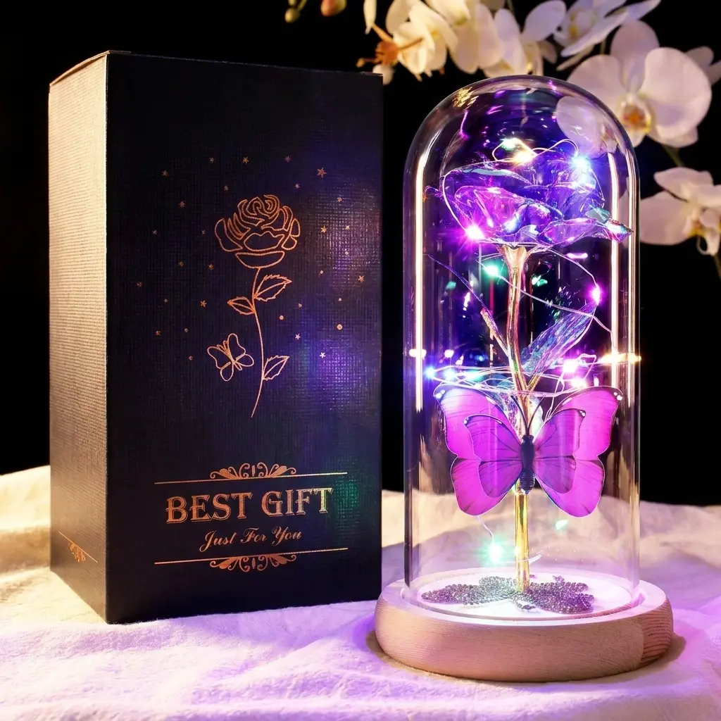 DEEMEI Lighted Eternal Rose in Glass Dome with Butterfly - LED Artificial Flower Novelty Lighting, Illuminating Decorative Atmosphere Lamp, Romantic Birthday Gift for Women, Led Decoration Lamp