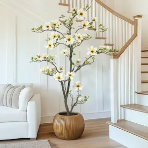 Artificial Magnolia Tree, Fake Indoor Tree, Realistic Real Touch Leaves and Flowers Perfect for Indoor, Living Room, Office, Hotel Decor Decorative Fruit Plants Box Faux Nature Ornaments 5Ft