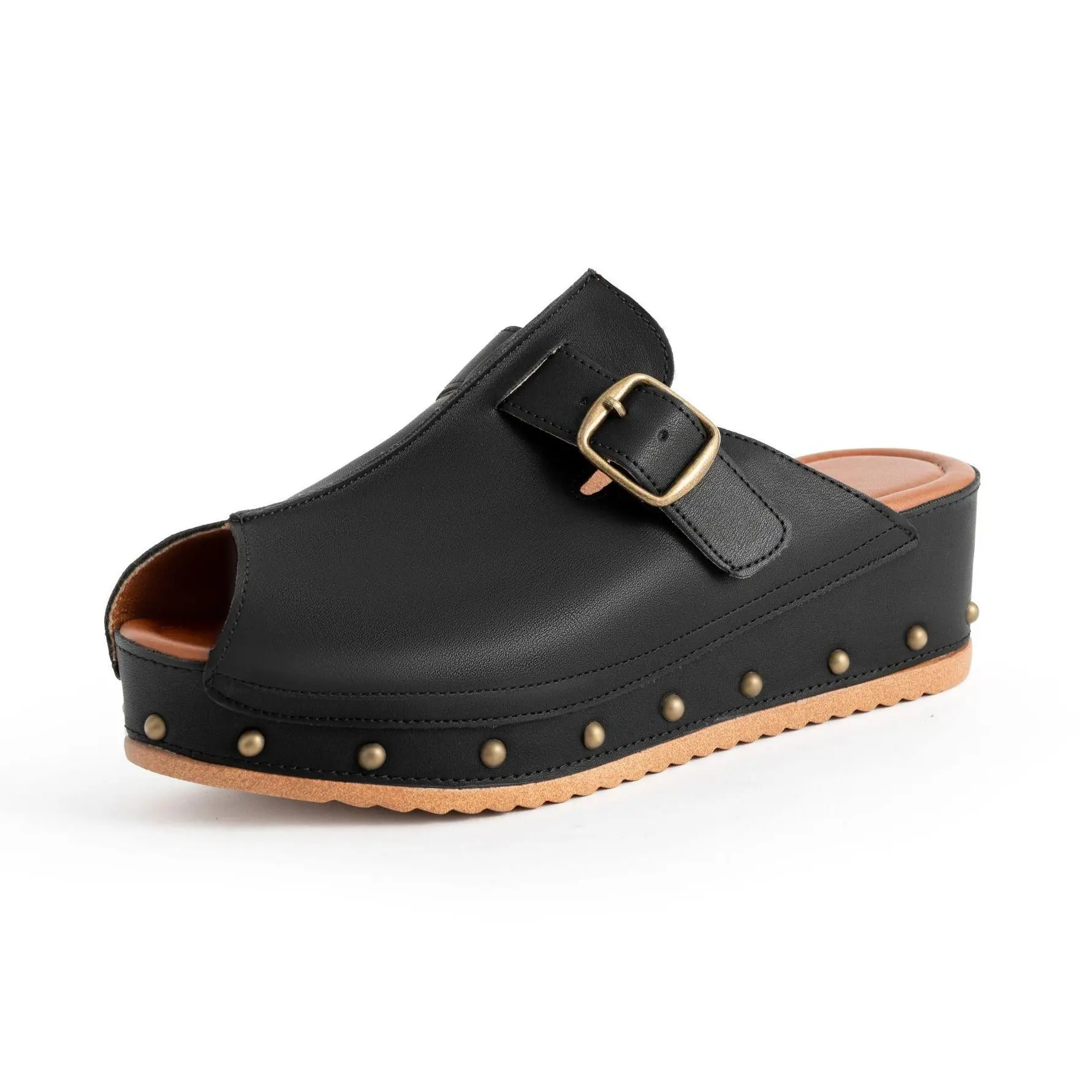 Women's Platform Clogs Studded Peep Toe Mules Slip On Buckle Strap Sandals Faux Leather Flatform Slides Vintage Boho Retro Y2K Casual Everyday Walking Shoes