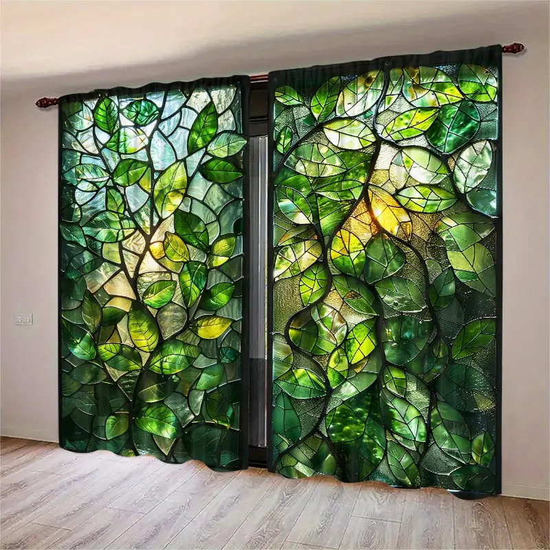 2pc, colored window glass leaf pattern print. Installed by pocket rod. Digital printed curtains, Window Drapes, Home Decorative Curtain. Suitable for living room, closet, bedroom, study, dining room and home decoration.