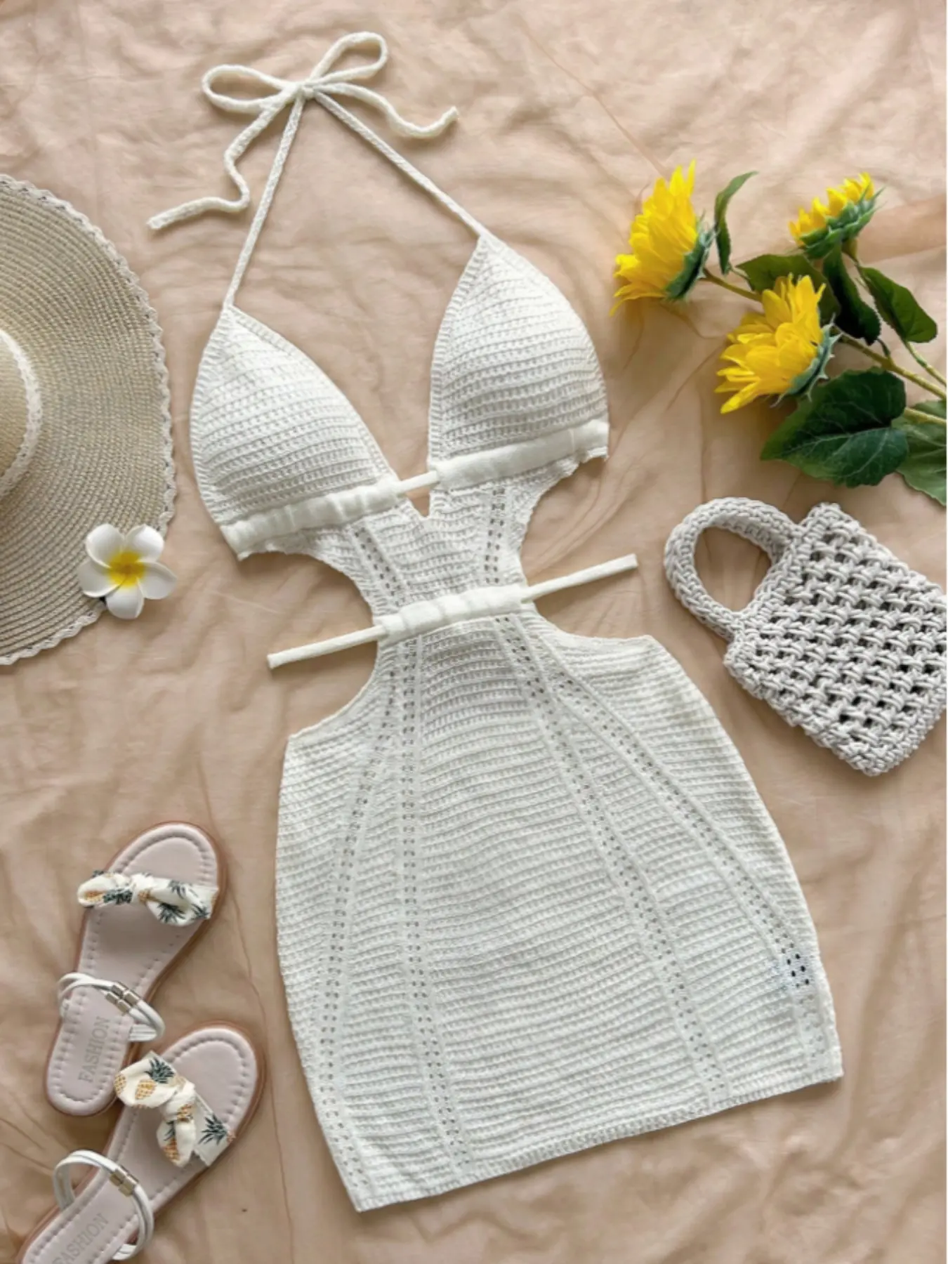 Women's Fashion One-Piece Sweater Dress, Spring Summer Sleeveless Hollow Out Backless Design, Casual Beachwear, Sexy, Feminine, Slim and Elegant
