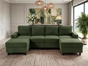 98.8" Oversized U-Shaped Sectional Couch Corduroy Upholstered 4-Seat Double Chaise Sofa with Sturdy Legs Thick Padding Modular Corner Sofa for Living Room Family Room Cozy Sofa summerwins